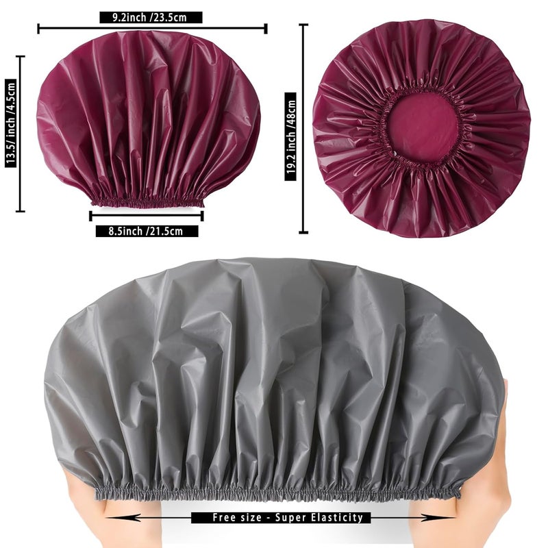 CHFONG Jumbo Size Shower Cap 2 PCS Waterproof Shower Caps for Women, Extra Large Shower Cap, Reusable Super Large Bath Caps Hair Cap for Long Thick Curly Hair, Locs, Twist Braids - Grey+Purple-red - Image 4
